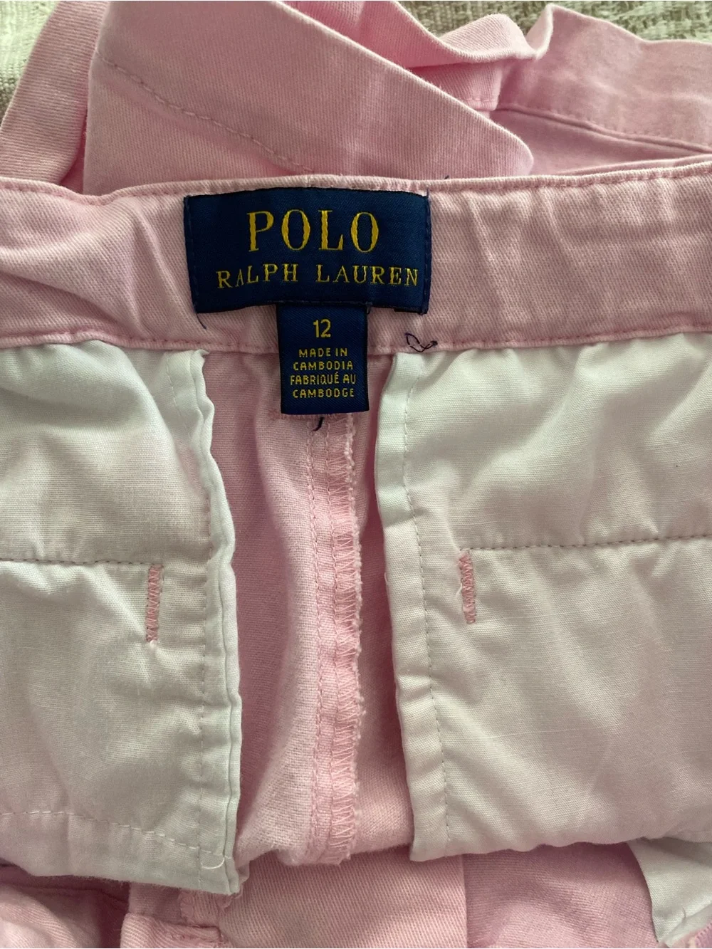 Ralph Lauren Pink Cotton Chino High-Waist Shorts with Blue Stripe Tie